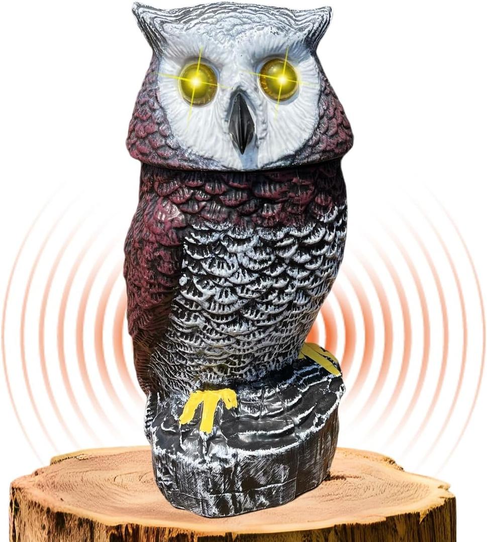 Ugold Solar Powered Garden Owl with Motion Detection, Rotating Head, Realistic Hoots and Silent Mode, Outdoor Statue and Sculpture, Owl Decoration for Home, Garden, Patio and Lawn
