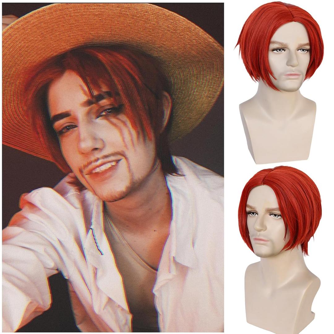 Mens Red Wig Middle Part Red Anime Shanks Wig Boys Heat Resistant Synthetic Hair for Cosplay Halloween Costume