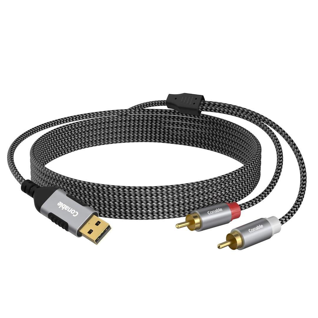 USB to RCA Audio Cable 15 FT, USB-A to 2RCA Jack Plug Adapter, Type-A to 2 Male Y RCA Splitter, Gold-Plated Connector, Nylon Braided Jacket, for PC, Laptop, DVD Player, Speaker, Power Amplifier