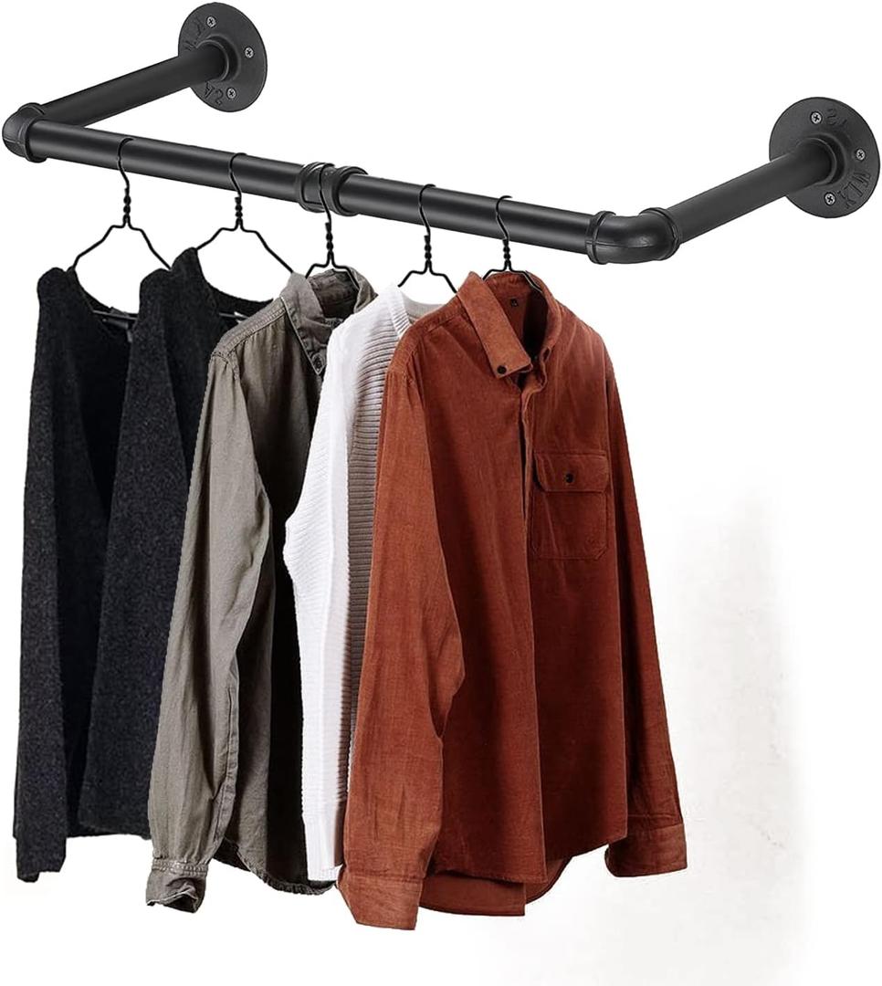 Wall Mounted Clothes Rack - 36" Industrial Pipe Clothing Garment Rack, Space - Saving Heavy Duty Detachable Black Iron Clothes Organizer, Multi-Purpose Hanging Rod for Closet Storage, 2 Base