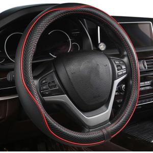 Car Steering Wheel Cover with Black and Red Trim, Leather-Like Material, Universal Fit, Water Resistance