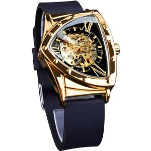 FORSINING Skeleton Watches for Men, Automatic Mechanical Watch with Triangle Dial, Luminous Self Winding Watches Soft Silicone Strap (Gold)