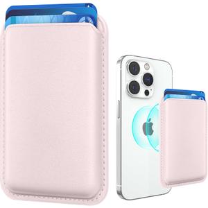 Amzone Magnetic Wallet Cell Phone Card Holder for Phone Case with Mag-Safe, Stronger Magnetic RFID Leather Phone Wallet Stick on Series of iPhone 15/14/13/12 and Pro/Promax, Pink