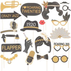 Amosfun 1920s Party Photo Booth Props 20pcs with Wooden Sticks Creative Funny Glitter Photo Props 1920 Theme Party SuppliesBlack Gold