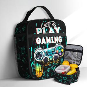 Video Game Lunch Bag for Boys Girls Kids Teenage Colorful Green Gamepad Boys Lunch Box Reusable Insulated Games Lunchbox Waterproof Leakproof Portable Game School Lunch Boxes
