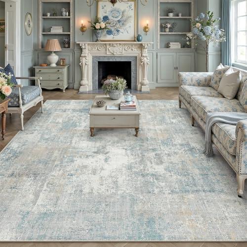 WondRg 8x10 Washable Area Rug Blue Cream Abstract Non Slip Soft Low Pile Rug for Living Room Bedroom Dining Room Office Neutral Modern Indoor Large Throw Carpet for Home Decor