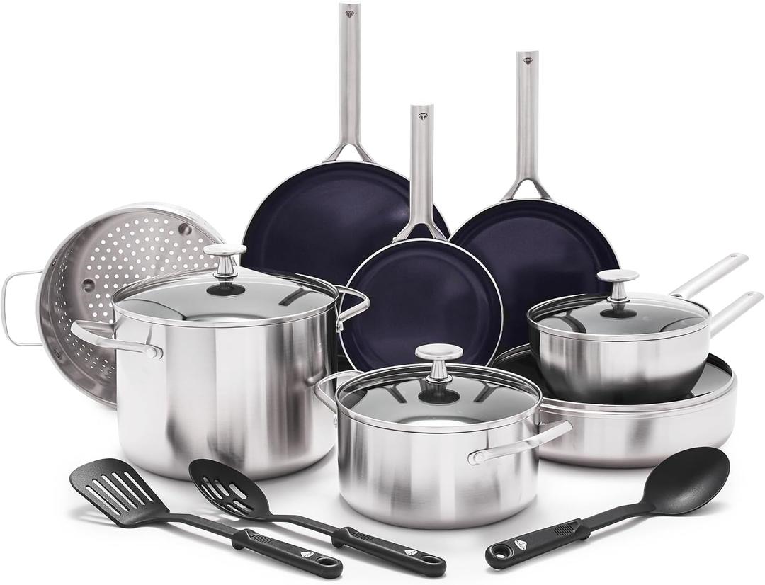 Blue Diamond 15 Piece Stainless Steel Tri-Ply Cookware Pots and Pans Set, Induction Compatible, Diamond Infused PFAS-Free Ceramic Nonstick, Dishwasher & Metal Utensil Safe, Scratch Resistant, Silver