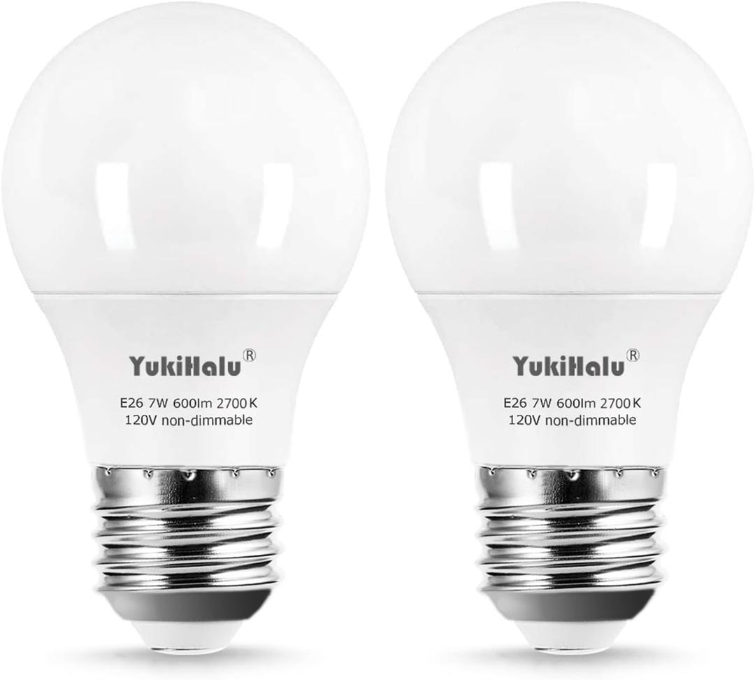 YukiHalu, A15 Appliance Light Bulb, 60W Equivalent for Range Hood/Refrigerator Light Bulb/Ceiling Fan Light, 600 Lumens 7W 120V 2700k Soft White E26 Base, Waterproof, Not Dimmable, 2-Pack