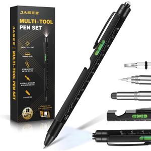 Christmas Stocking Stuffers Gifts for Men, White Elephant Gifts for Adults Dad Boyfriend Him Husband, 9 in 1 Multitool Tool Pen Set, Screwdriver, LED Light, Stylus, Bottle Opener, Ruler, Level(Black)