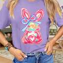 Easter Shirts for Women Happy Bunny Shirt Cute Rabbit Graphic Tee Funny Easter Gifts Short Sleeve Tops (Purple, S)