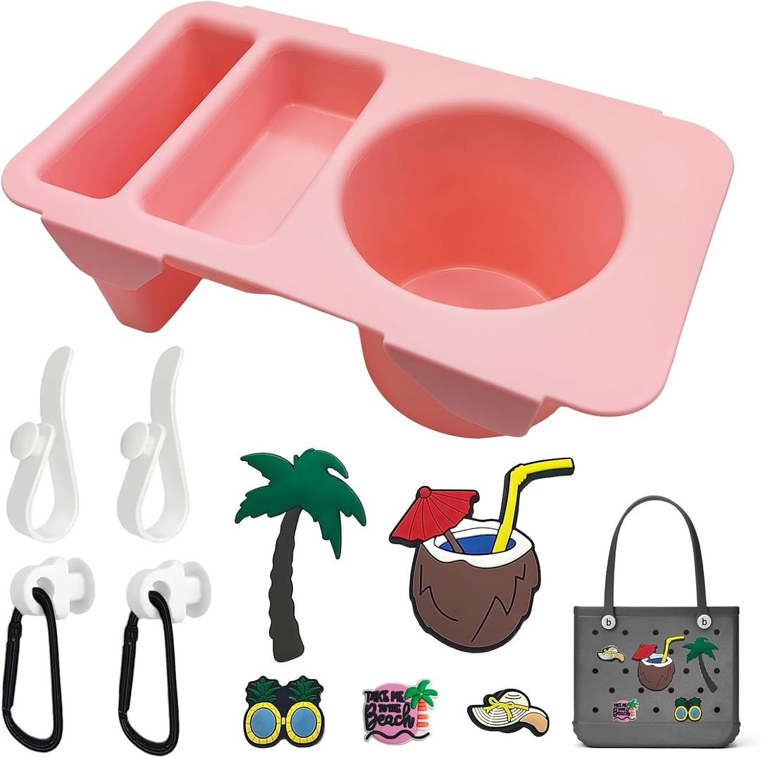 Bogg Bag Accessories Bogg Bag Top Cup Holder Topper Tray with Charms Perfect fo All Size, Beach Phone Holder for Beach,Camping,Travel (Pink)