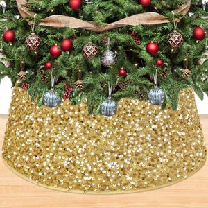 Gold Christmas Tree Collar - 23.6 Inch Sequin Skirt, Glitter Xmas Ring, Embroidered Velvet Collar for Pencil Tree, Sparkly Base Cover, Mermaid Stand Collar for Fall, Gold  Gold Christmas Tree Collar - 23.6 Inch Sequin Skirt, Glitter Xmas Ring, Embroidered Velvet Collar for Pencil Tree, Sparkly Base Cover, Mermaid Stand Collar for Fall, Gold