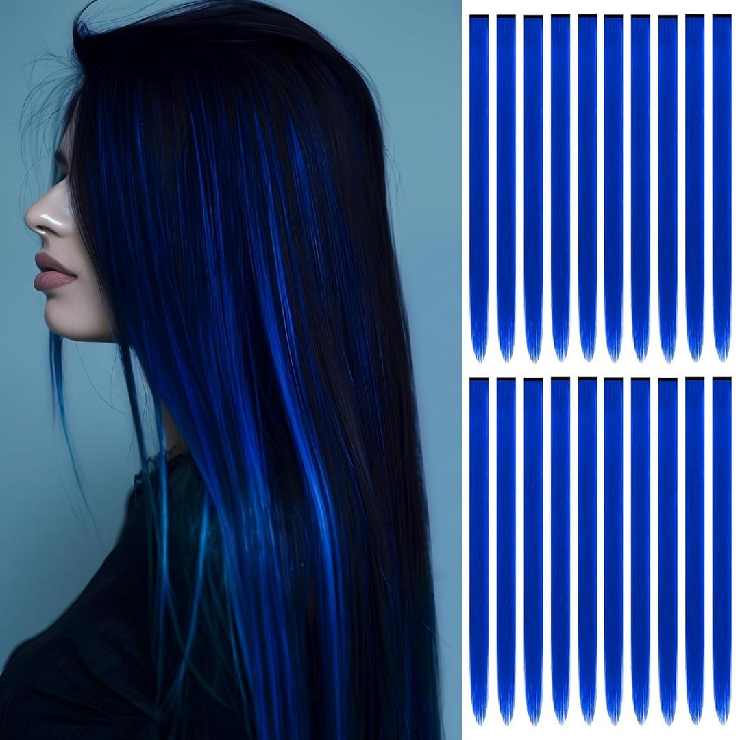 20 PCS Blue Hair Extensions Clip in - 22 Inch Colored Hair for Women Girls Kids - Perfect for Parties, Cosplay, Halloween