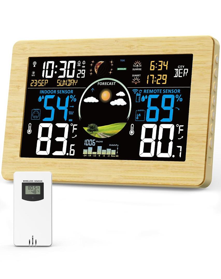 Weather Station 7.5" VA Display with Remote Sensor, Home Weather Station with Weather Forecast, Temperature, Humidity, Atomic Clock, Wood
