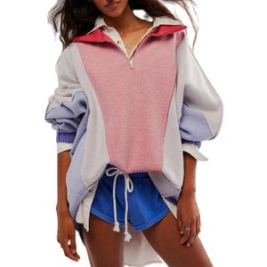 Yuemengxuan Women Fleece Sweatshirts Long Sleeve Colorblock Cropped Oversized Sweatshirt Y2k V-Neck Pullover Tops (Large, Purple)