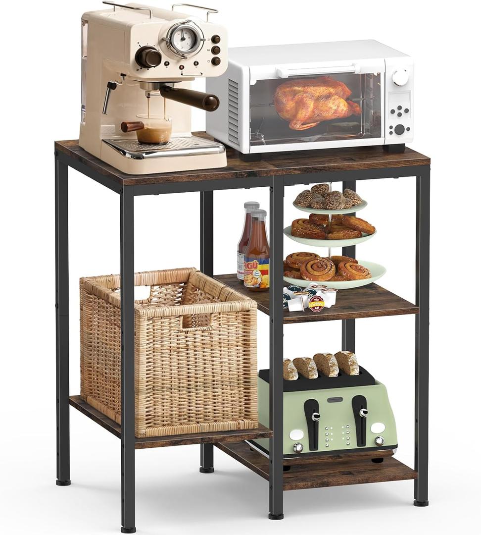 Kitchen Microwave Stand,4-Tier Adjustable Bakers Rack,Multi-Purpose Kitchen Storage Cart for Coffee Station,Space-Saving Metal Appliance Shelf for Living Room,Rustic Brown
