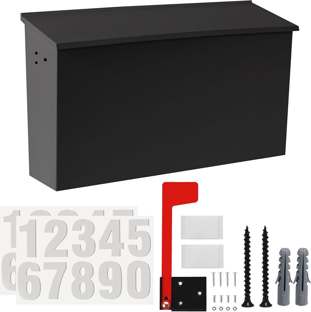 TonGass Wall Mount Mailbox for Outside, Metal Wall Mounted Mailbox with Flag and Number Stickers, Large Capacity Mail Box for House, Carbon Steel, Front Access, 15.74"x9.44"x4.72" - Black