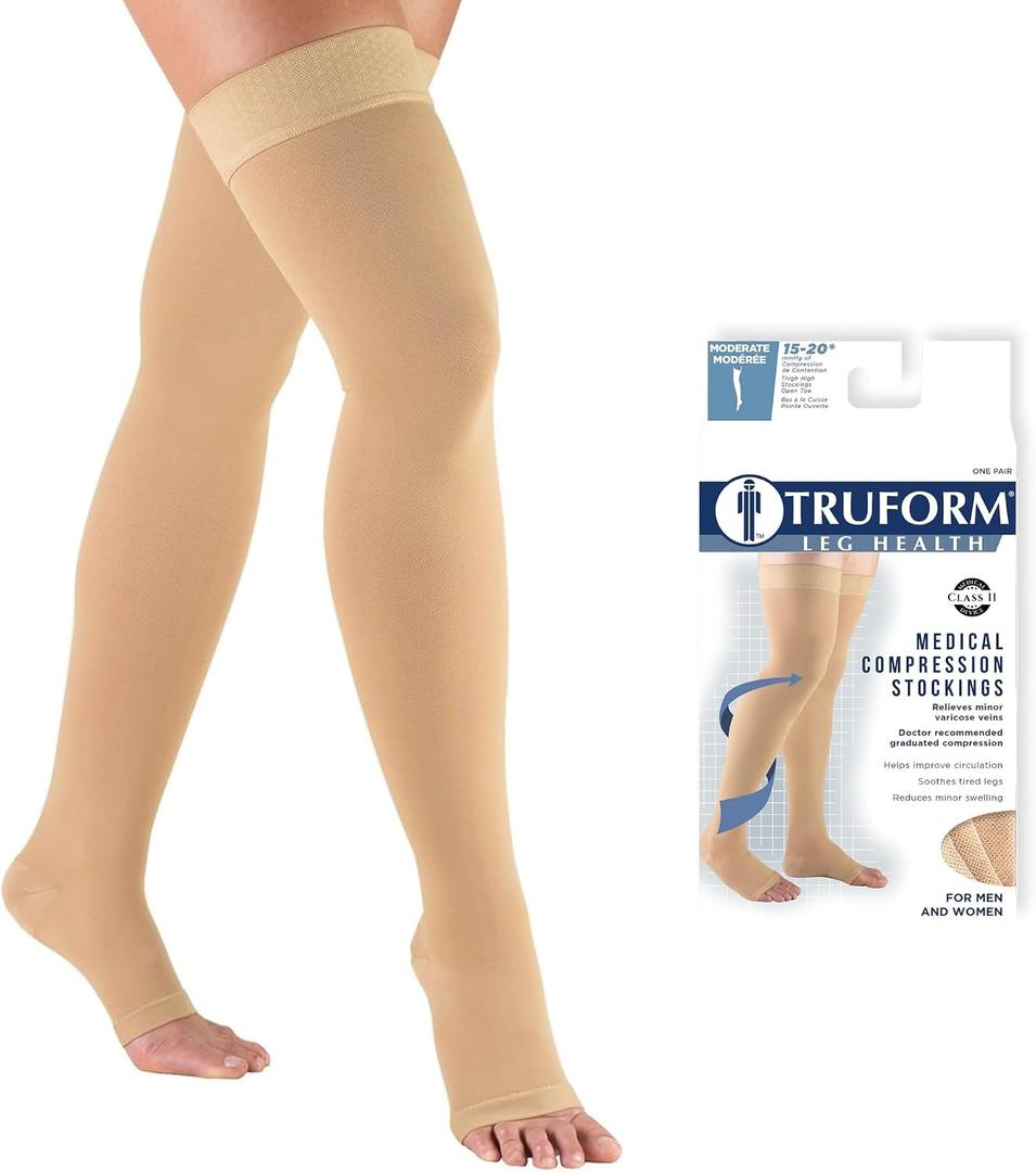 Truform 15-20 mmHg Compression Stockings for Men and Women, Thigh High Length, Dot Top, Open Toe,  Beige, Large (1 Pair)
