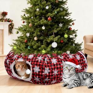 Christmas Cat Tunnel Tree Skirt – Warm Flannel Donut Tunnel Bed with Soft Cushion & Hanging Ball Toy, Peekaboo Cat Cave Under Tree for Indoor Cats to Prevent Christmas Tree Falling, Plaid Red