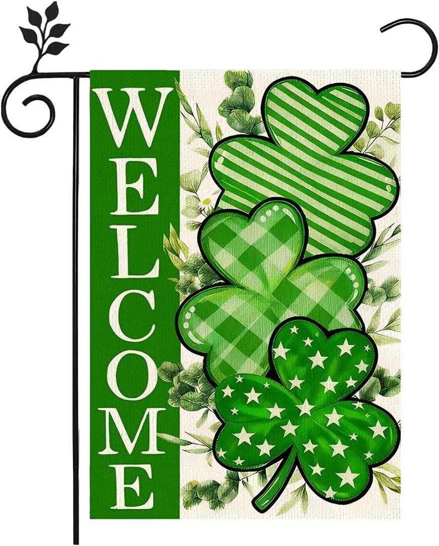 2 x St Patricks Day Shamrocks Garden Flag 12x18 Inch Double vertical Sided for Outside Welcome Green Clovers for decorating flags during farmhouse holidays