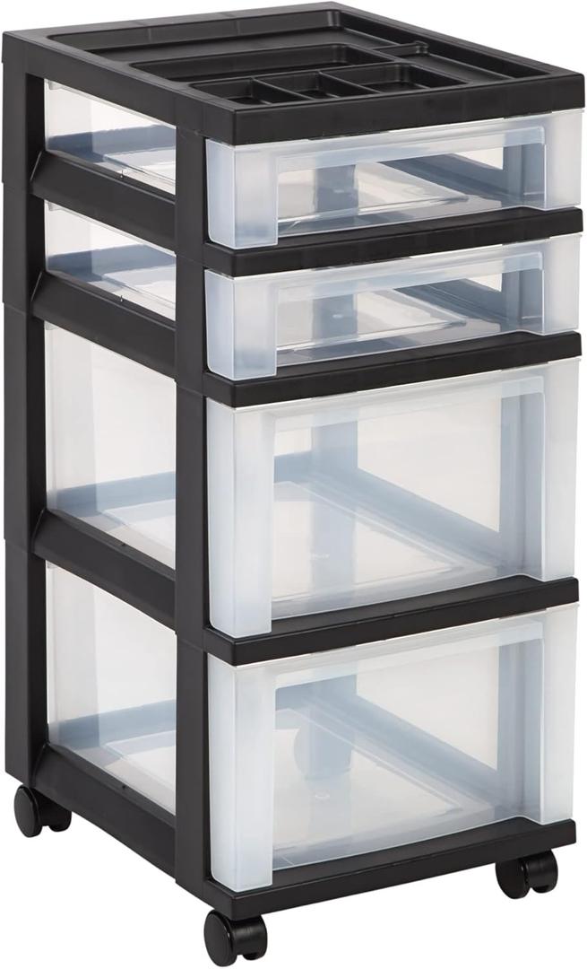 Office Depot Medium Plastic Storage Cart, 4 Drawers, 26 7/16in.H x 12 1/16in.W x 14 1/4in.D, Black, 116813