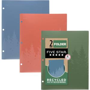 Five Star 2 Pocket Folders, 4 Pack, Recycled Plastic Folders with Stay-Put Tabs and Prong Fasteners, Fits 3-Ring Binder, Holds 11 x 8-1/2 Paper, Writable Label, Clay, Green, Blue, Gray (33002)