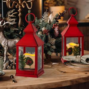 Christmas Lantern Decorative with LED Candle, Pine Holly Berry Red Decorative Hanging Lanterns for Indoor Outdoor Garden Christmas Home Decor(2 Pack)