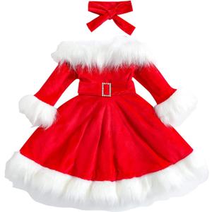 ZINTAOZT-Toddler Girls Christmas Dress Santa Claus Outfit Red Long Sleeve Princess Plush Trim Dress Velvet Xmas Party Dress (2-3T)