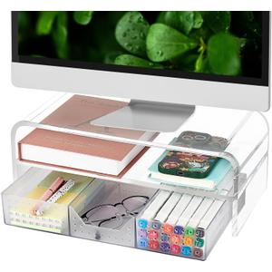 OPNICE Acrylic Clear Desk Organizers and Accessories, 2Tier Computer Monitor Stand Riser with Drawer, Laptop Stand, Office Desk Accessories for Office Supplies, Transparent