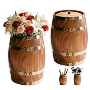 2-Pack Mini Wooden Whiskey Barrel Vases with Brass Hoops ，Vintage Rustic Burnt Wood Cooking Tool Utensil Holder ，Rustic Flower Vase for Home Decor, Western Farmhouse Vintage Kitchen & Dining Decor (2)