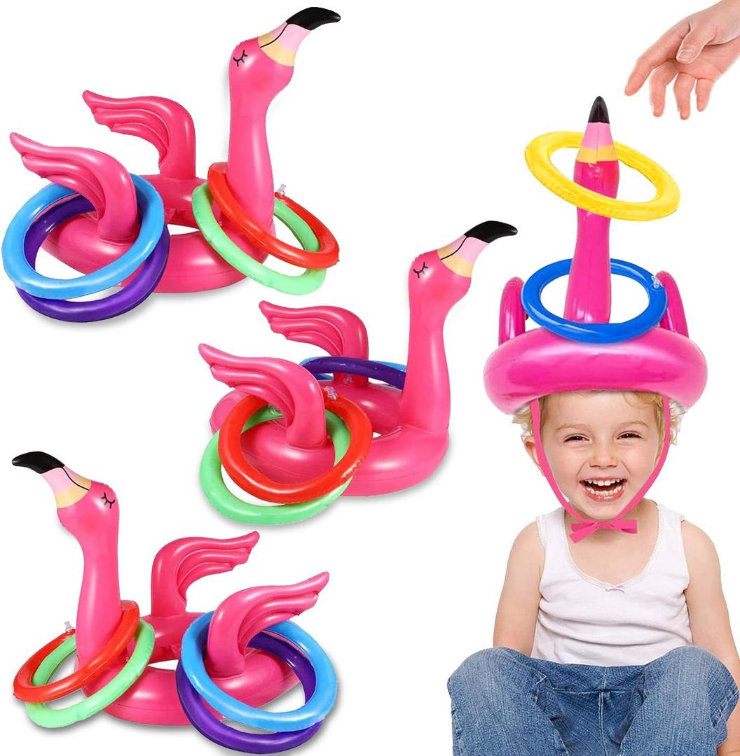 Camlinbo 15 Pcs Inflatable Flamingo Pool Toys Ring Toss Pool Game, Flamingos Luau Party Decor Hawaiian Beach Toys Carnival Outdoor Luau Party Games Supplies for Kids Adults Family