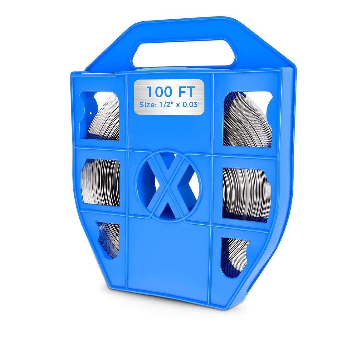 304 Stainless Steel Strapping Band Coil, 1/2" Width, 0.03" Thickness, 100 Ft Roll in Blue Plastic Case with Handle