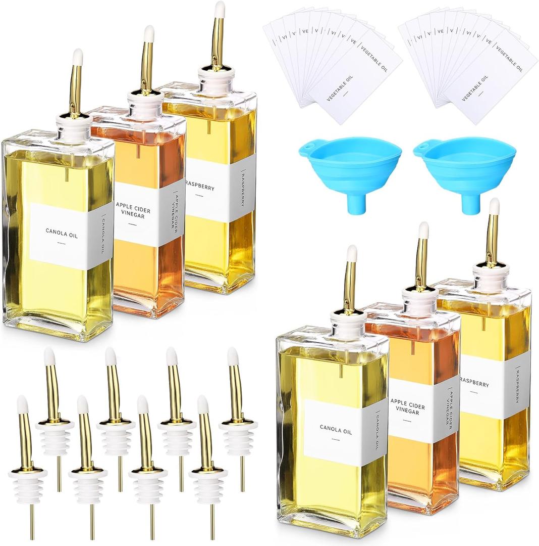 6 Sets Olive Oil Dispenser Bottles for Kitchen with Nozzles Funnel Labels Cooking Oil Dispenser 500ml Set for Kitchen Vinegar Coffee Syrup (Gold)