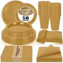 CLIYTICA Gold Plastic Plates Set-50 Guest 9" Dinner Plates & 7" Dessert Plates,12 oz Cups, Napkins, Forks, Disposable Plastic Tableware for Wedding, Corporate Events, Anniversary