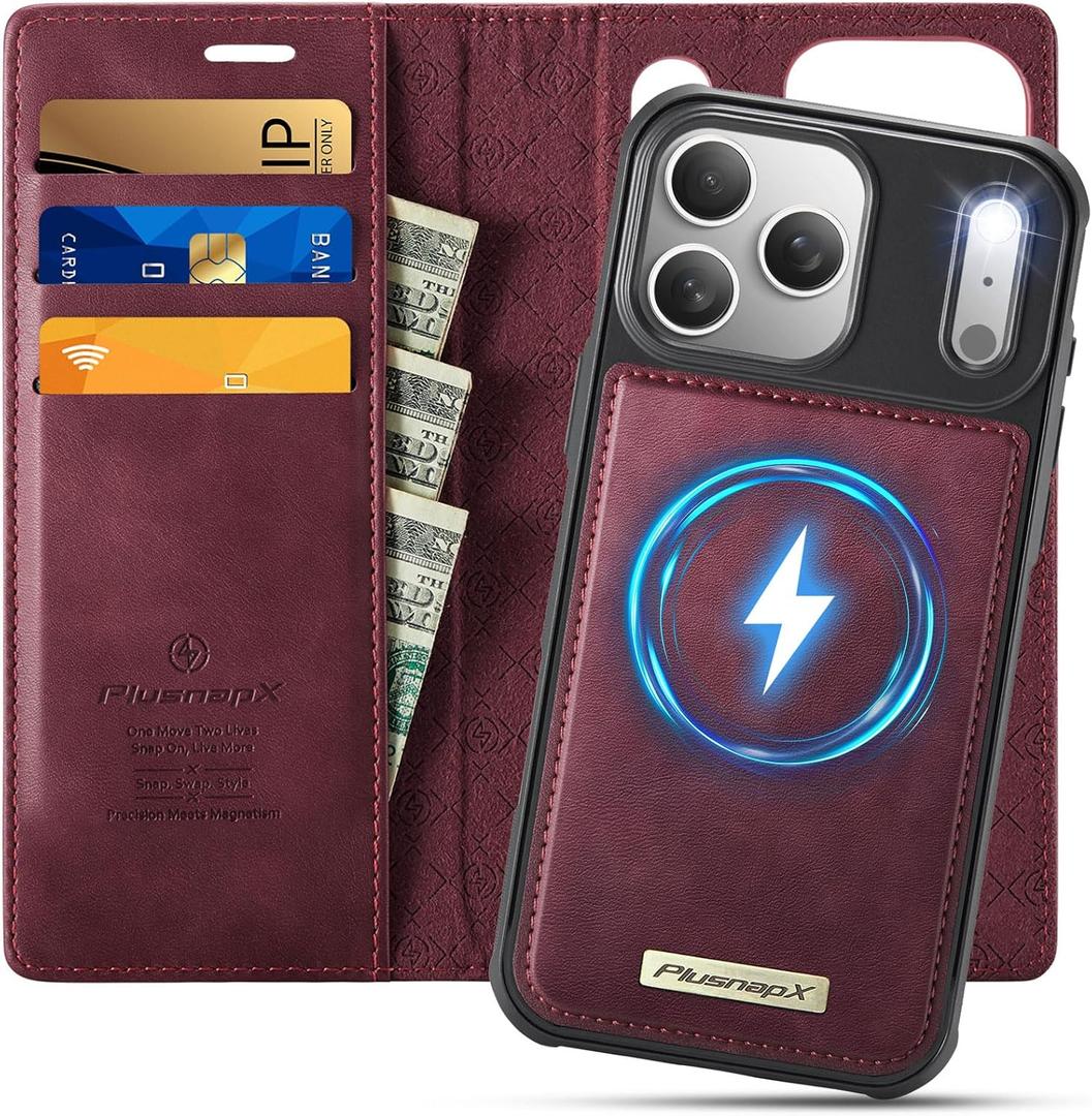 for iPhone 17 Pro Max 2in1 Detachable Wallet Phone Case, Burgundy | Compatible with Magsafe, Magnetic, RFID Blocking Card Holder, Shockproof, Kickstand, Wireless Charging, PU Leather Flip Cover