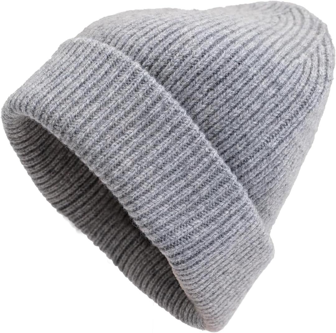 100% Merino Wool Beanie Hat for Men and Women, Unisex Thermal Winter Hat, One Size Cuffed Knit Ribbed Beanie (Gray)