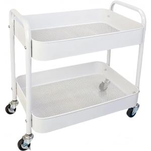 2 Tier Metal Rolling Cart with Wheels for Under Desk Storage & Pantry Storage, High Load-Bearing Kitchen Utility Cart for Small Space, Laundry Room Organization Side Table with 4 Hooks, White