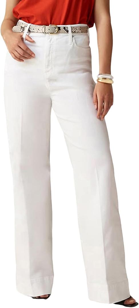Women's Straight Leg Jeans Tummy Control Trendy High Waisted Stretchy Casual Denim Pants Baggy Trousers (Medium, White)