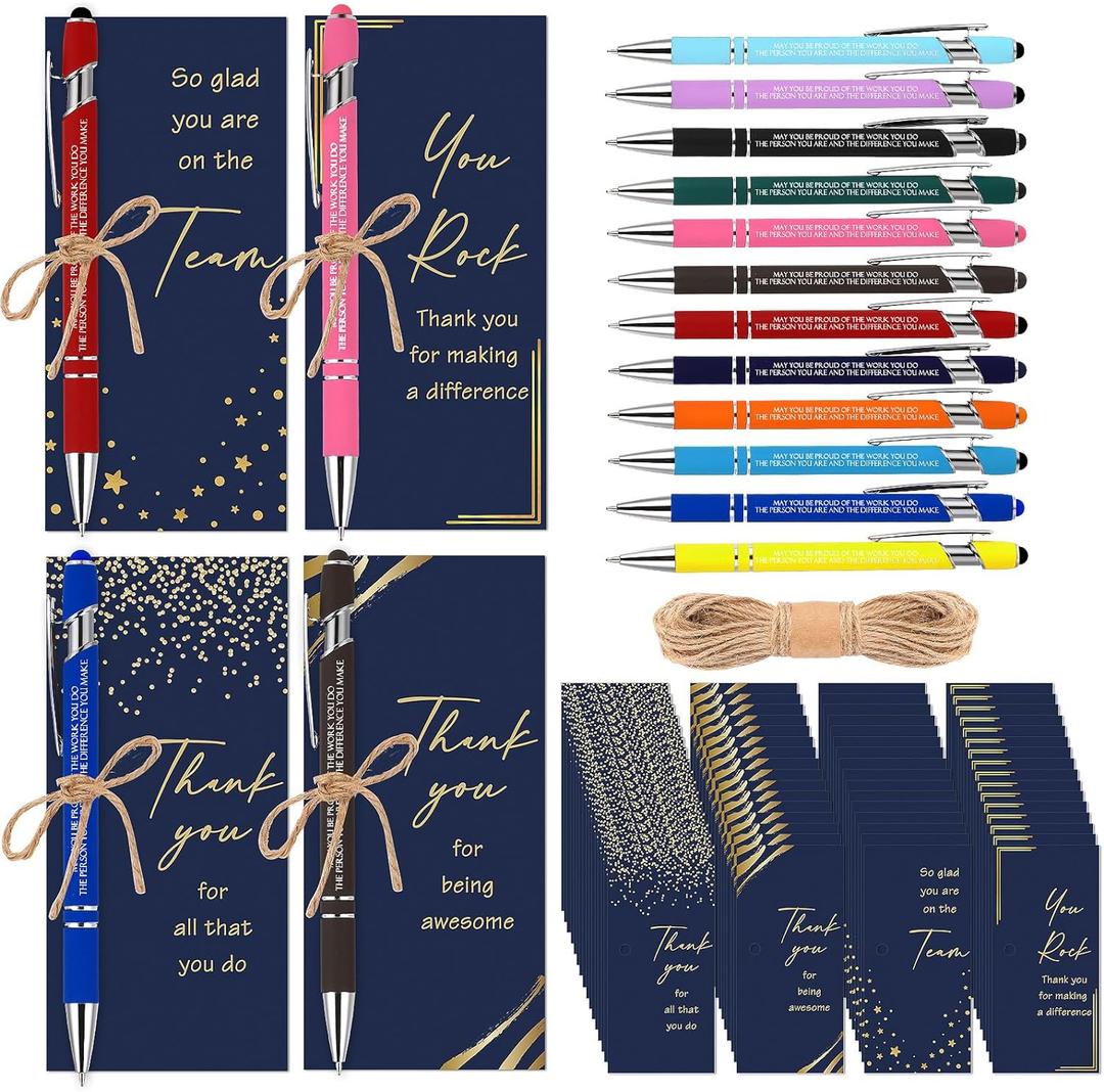 Qilery 24 Set Employee Appreciation Pens Gift Black Ink Metal Inspirational Ballpoint Pen with Stylus Tip Colorful Motivational Quote with Thank You Card Rope for Coworker Social Worker Women Teacher