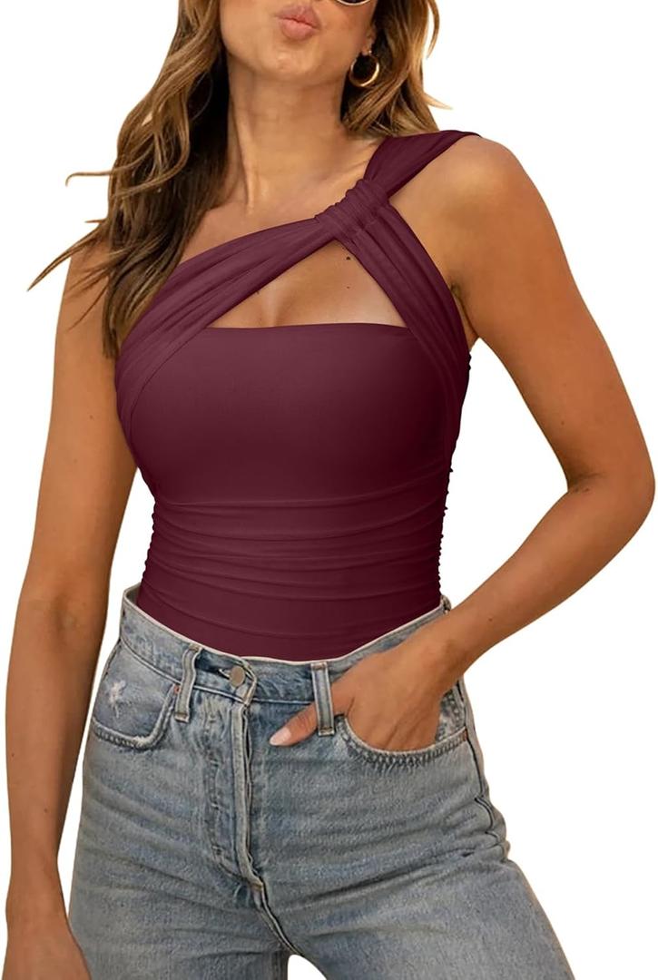 REORIA Womens Sexy One Shoulder Asymmetrical Leopard Print Mesh Ruched Backless Going Out Bodysuits Tops (Burgundy) XL