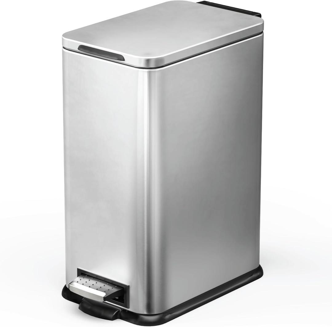 Home Zone Living 4 Gallon Slim Kitchen Trash Can with Soft Close Lid and Step Pedal, Stainless Steel Wastebasket with Removable Liner, Silver