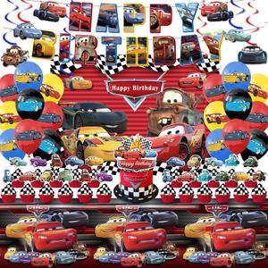 Cars Birthday Party Supplies, Party Decorations Set Include Banner, Backdrop, Balloons, Hanging Swirls, Cake Cupcake Toppers, Tablecloth for Boys Girls Cars Theme Party