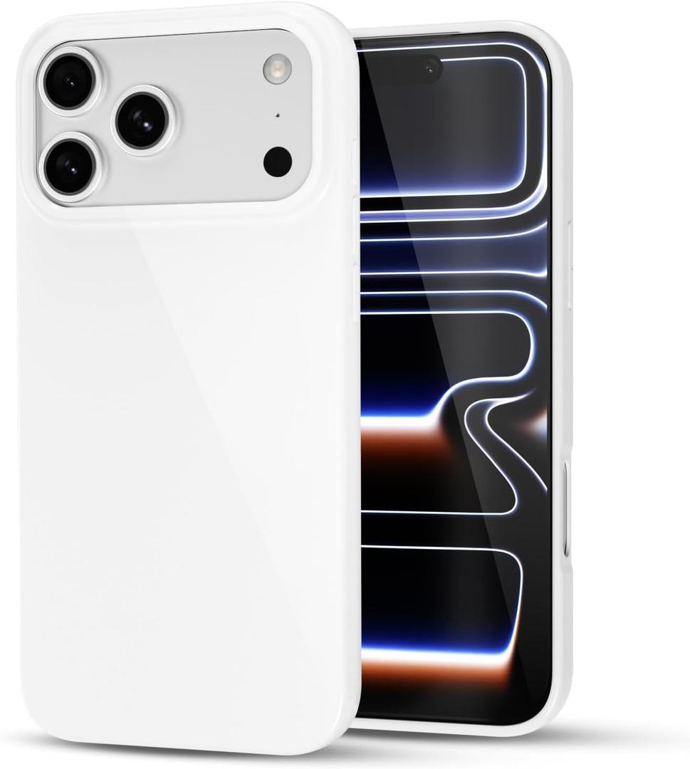 for iPhone 17 Pro Max Phone Case Liquid Silicone, Cute Girly Thin Ultra Slim Jelly Soft Rubber Gel Protective Glossy Hard Plastic Case, Plain Solid Color Cover for Women Girl, White