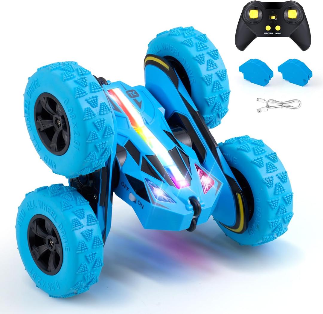 Threeking Remote Control Car RC Cars Toys for Boys Girls Ages 6-12, Upgraded USB-C Modular Batteries, 4WD Stunt Car with Breathing Soft Lights, Double-Sided Driving & 360 Flips, Presents Gifts, Blue