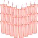 Amyhill 24 Pcs Reusable Cups with Lids and Straws 24 oz Glitter Iced Coffee Tumbler Plastic Travel Mug Cup for Smoothie Juices Birthday Sleepover Party Supplies for Girls(Light Pink)