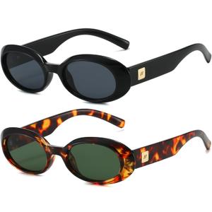 PORADAY Modern Oval Sunglasses for Women Trendy Retro 90s Oval Sunnie Vintage Narrow Round Shades (Two Pack (Black/Grey + Leopard/G15))