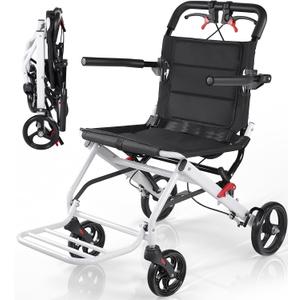 Aevi Lightweight Transport Wheelchair for Adults & Seniors, 19 lbs Folding Travel Wheelchair with 17.7" Seat, Portable Transport Chair for Caregivers, Narrow Wheelchair for Doorways (White - 1)