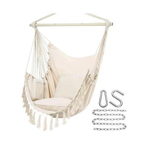 Y- STOP Hammock Chair Hanging Rope Swing, Max 500 Lbs, 2 Cushions Included, Large Macrame Hanging Chair with Pocket for Superior Comfort, with Hardware Kit (Beige)