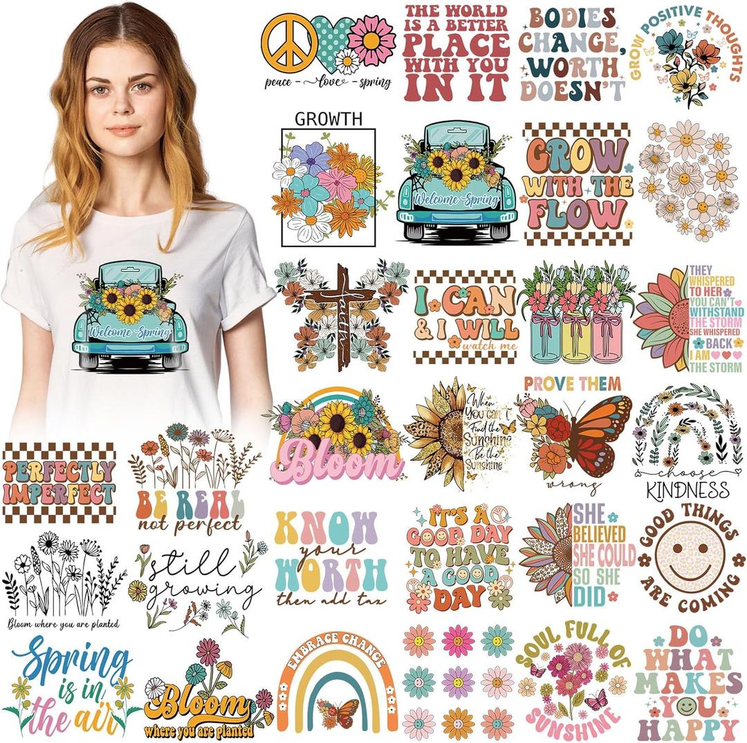 Estune 30 Pcs Spring Floral Iron on Transfers Retro Iron on Decals Patches Vintage Vinyl Heat Transfer Stickers for T Shirt Clothing Jacket Hat Backpacks DIY