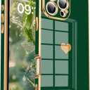 Tzomsze Compatible with iPhone 16 Pro Max Case for Women Girls,Camera Protection Cute Heart Pattern & Electroplate Reinforced Corners Shockproof Edge Bumper Case-Dark Green